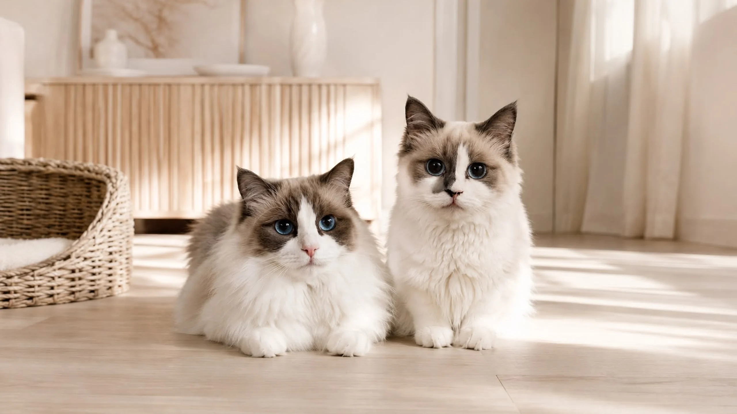 Zwei Ragdoll-Katzen sitzen nebeneinander auf hellem Holzboden in einem sonnendurchfluteten Wohnraum und blicken in die Kamera.