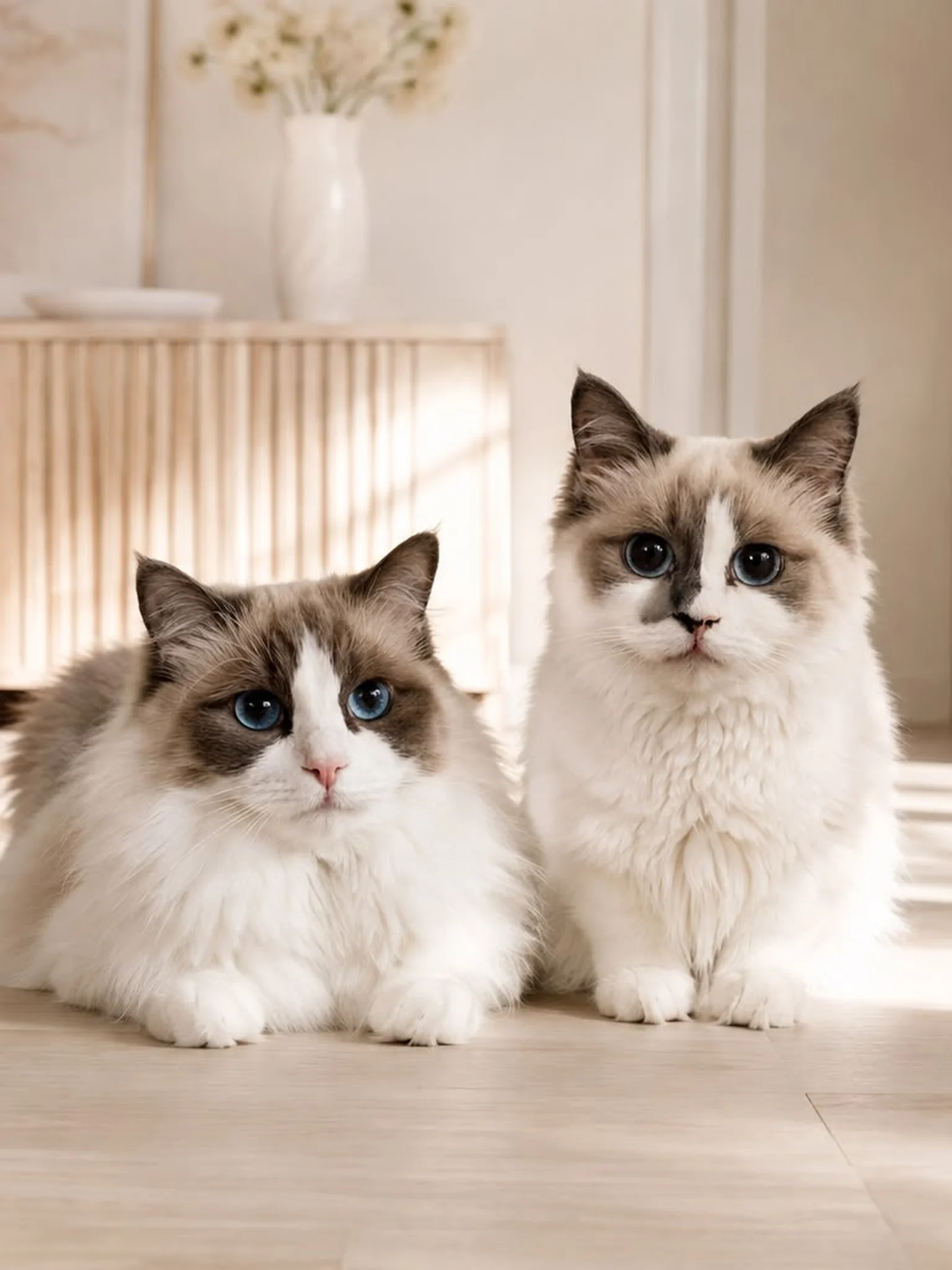 Zwei Ragdoll-Katzen sitzen nebeneinander auf hellem Holzboden in einem sonnendurchfluteten Wohnraum und blicken in die Kamera.